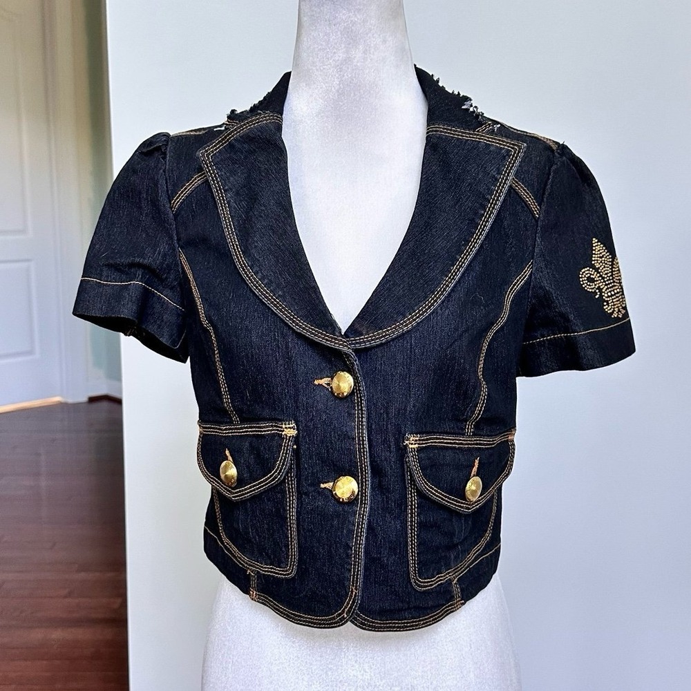BISOU BISOU Dark Denim Gold Hardware Button Up Cropped Sexy Top Jacket Small - Picture 2 of 12
